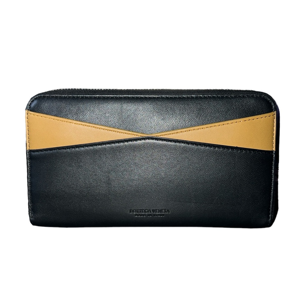 Bottega Veneta Black and Yellow Leather Zip-Around Wallet